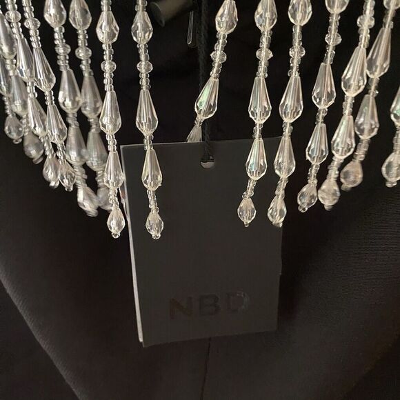 NBD Lali Dress Beaded Fringe Black Cut Out Mini Halter Revolve $328 NWT S - Picture 10 of 12